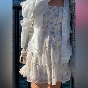 Floral Tiered Puff Sleeve Dress - Cream with Pink Roses